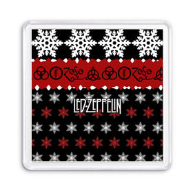 Магнит 55*55 с принтом Праздничный Led Zeppelin в Белгороде, Пластик | Размер: 65*65 мм; Размер печати: 55*55 мм | led zeppelin | блюз | группа | джимми пейдж | джон генри бонэм | джон пол джонс | знак | красный | лед зепелен | лед зеппелин | метал | надпись | новогодний | новый год | праздник | роберт плант | рождество