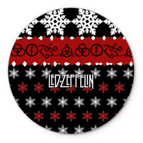 Коврик для мышки круглый с принтом Праздничный Led Zeppelin в Белгороде, резина и полиэстер | круглая форма, изображение наносится на всю лицевую часть | led zeppelin | блюз | группа | джимми пейдж | джон генри бонэм | джон пол джонс | знак | красный | лед зепелен | лед зеппелин | метал | надпись | новогодний | новый год | праздник | роберт плант | рождество