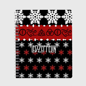 Тетрадь с принтом Праздничный Led Zeppelin в Белгороде, 100% бумага | 48 листов, плотность листов — 60 г/м2, плотность картонной обложки — 250 г/м2. Листы скреплены сбоку удобной пружинной спиралью. Уголки страниц и обложки скругленные. Цвет линий — светло-серый
 | led zeppelin | блюз | группа | джимми пейдж | джон генри бонэм | джон пол джонс | знак | красный | лед зепелен | лед зеппелин | метал | надпись | новогодний | новый год | праздник | роберт плант | рождество
