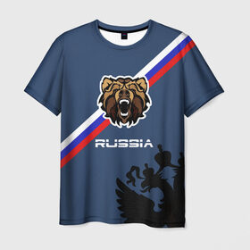 Мужская футболка 3D с принтом Russia медведь в Белгороде, 100% полиэфир | прямой крой, круглый вырез горловины, длина до линии бедер | Тематика изображения на принте: russia | белый синий красный | герб | патриот | российская федерация | российский | россия | русский | рф | триколор | флаг