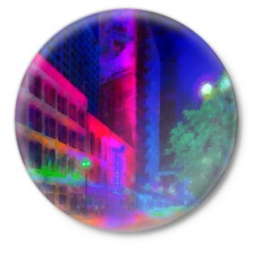 Значок с принтом Neon city в Белгороде,  металл | круглая форма, металлическая застежка в виде булавки | Тематика изображения на принте: город | яркий