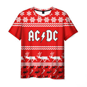Мужская футболка 3D с принтом Праздничный AC/DC в Белгороде, 100% полиэфир | прямой крой, круглый вырез горловины, длина до линии бедер | ac dc | acdc |   снежинки | ангус янг | ас дс | асдс | крис слэйд | новогодний | новый год | рождество | стиви янг | эксл роуз