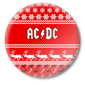 Значок с принтом Праздничный AC/DC в Белгороде,  металл | круглая форма, металлическая застежка в виде булавки | Тематика изображения на принте: ac dc | acdc |   снежинки | ангус янг | ас дс | асдс | крис слэйд | новогодний | новый год | рождество | стиви янг | эксл роуз