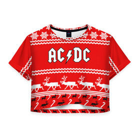 Женская футболка 3D укороченная с принтом Праздничный AC/DC в Белгороде, 100% полиэстер | круглая горловина, длина футболки до линии талии, рукава с отворотами | ac dc | acdc |   снежинки | ангус янг | ас дс | асдс | крис слэйд | новогодний | новый год | рождество | стиви янг | эксл роуз