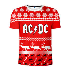 Мужская футболка 3D спортивная с принтом Праздничный AC/DC в Белгороде, 100% полиэстер с улучшенными характеристиками | приталенный силуэт, круглая горловина, широкие плечи, сужается к линии бедра | ac dc | acdc |   снежинки | ангус янг | ас дс | асдс | крис слэйд | новогодний | новый год | рождество | стиви янг | эксл роуз