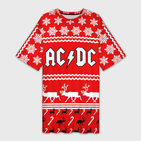 Платье-футболка 3D с принтом Праздничный AC DC в Белгороде,  |  | ac dc | acdc |   снежинки | ангус янг | ас дс | асдс | крис слэйд | новогодний | новый год | рождество | стиви янг | эксл роуз