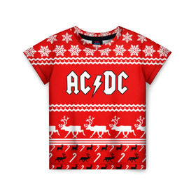 Детская футболка 3D с принтом Праздничный AC/DC в Белгороде, 100% гипоаллергенный полиэфир | прямой крой, круглый вырез горловины, длина до линии бедер, чуть спущенное плечо, ткань немного тянется | ac dc | acdc |   снежинки | ангус янг | ас дс | асдс | крис слэйд | новогодний | новый год | рождество | стиви янг | эксл роуз
