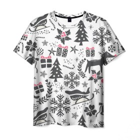 Мужская футболка 3D с принтом Дуx рождества в Белгороде, 100% полиэфир | прямой крой, круглый вырез горловины, длина до линии бедер | год | елка | зима | колокольчик  | новый | олень | подарки | праздник | сани | снег | снежинки | узор
