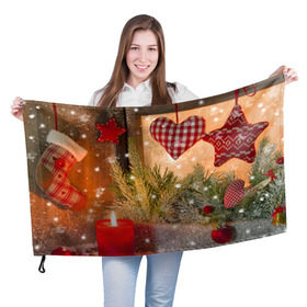 Флаг 3D с принтом Новогодняя сказка в Белгороде, 100% полиэстер | плотность ткани — 95 г/м2, размер — 67 х 109 см. Принт наносится с одной стороны | елка | мягкие игрушки | новый год снег | свеча | снежинки