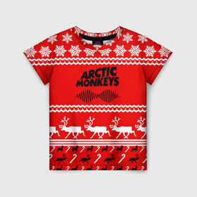 Детская футболка 3D с принтом Arctic Monkeys в Белгороде, 100% гипоаллергенный полиэфир | прямой крой, круглый вырез горловины, длина до линии бедер, чуть спущенное плечо, ткань немного тянется | arc | алекс тёрнер | арктик | арктические | гаражный | группа | джейми кук | знак | инди | красный | манкис | мартышки | музыка | надпись | ник о мэлли | новогодний | новый год | обезьяна | постпанк