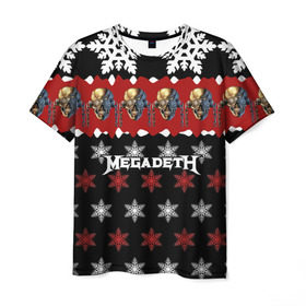 Мужская футболка 3D с принтом Праздничный Megadeth в Белгороде, 100% полиэфир | прямой крой, круглый вырез горловины, длина до линии бедер | Тематика изображения на принте: me | megadeth | группа | дирк вербурен | дэвид эллефсон | дэйв мастейн | знак | кико лоурейро | красный | мегадет | метал | надпись | новогодний | новый год | праздник | рождество | рок | снежинки | трэш