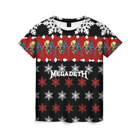 Женская футболка 3D с принтом Праздничный Megadeth в Белгороде, 100% полиэфир ( синтетическое хлопкоподобное полотно) | прямой крой, круглый вырез горловины, длина до линии бедер | me | megadeth | группа | дирк вербурен | дэвид эллефсон | дэйв мастейн | знак | кико лоурейро | красный | мегадет | метал | надпись | новогодний | новый год | праздник | рождество | рок | снежинки | трэш