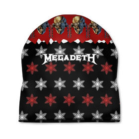Шапка 3D с принтом Праздничный Megadeth в Белгороде, 100% полиэстер | универсальный размер, печать по всей поверхности изделия | Тематика изображения на принте: me | megadeth | группа | дирк вербурен | дэвид эллефсон | дэйв мастейн | знак | кико лоурейро | красный | мегадет | метал | надпись | новогодний | новый год | праздник | рождество | рок | снежинки | трэш