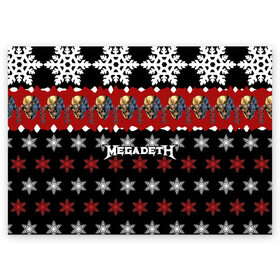Поздравительная открытка с принтом Праздничный Megadeth в Белгороде, 100% бумага | плотность бумаги 280 г/м2, матовая, на обратной стороне линовка и место для марки
 | me | megadeth | группа | дирк вербурен | дэвид эллефсон | дэйв мастейн | знак | кико лоурейро | красный | мегадет | метал | надпись | новогодний | новый год | праздник | рождество | рок | снежинки | трэш