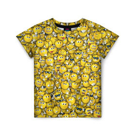 Детская футболка 3D с принтом Веселые смайлики в Белгороде, 100% гипоаллергенный полиэфир | прямой крой, круглый вырез горловины, длина до линии бедер, чуть спущенное плечо, ткань немного тянется | Тематика изображения на принте: emoji | smile | желтый | круглый | лица | паттерн | смайл | улыбка | эмоции