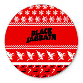 Коврик для мышки круглый с принтом Праздничный Black Sabbath в Белгороде, резина и полиэстер | круглая форма, изображение наносится на всю лицевую часть | Тематика изображения на принте: black sabbath | ozzy osbourne | ангелы | билл уорд | гизер батлер | группа | знак | красный | метал | музыка | надпись | новогодний | новый год | оззи | осборн | песни | праздник | ро | рождество | рок | снежинки