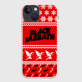 Чехол для iPhone 13 mini с принтом Праздничный Black Sabbath в Белгороде,  |  | black sabbath | ozzy osbourne | ангелы | билл уорд | гизер батлер | группа | знак | красный | метал | музыка | надпись | новогодний | новый год | оззи | осборн | песни | праздник | ро | рождество | рок | снежинки