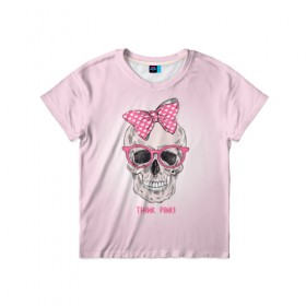 Детская футболка 3D с принтом Think pinki в Белгороде, 100% гипоаллергенный полиэфир | прямой крой, круглый вырез горловины, длина до линии бедер, чуть спущенное плечо, ткань немного тянется | Тематика изображения на принте: бантик | очки | розовый | череп