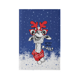 Обложка для паспорта матовая кожа с принтом Жираф в Белгороде, натуральная матовая кожа | размер 19,3 х 13,7 см; прозрачные пластиковые крепления | Тематика изображения на принте: взгляд | животное | жираф | новогодний | рождество | снег | шарф