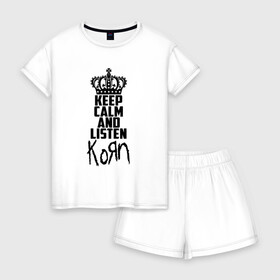 Женская пижама с шортиками хлопок с принтом Keep calm and listen Korn в Белгороде, 100% хлопок | футболка прямого кроя, шорты свободные с широкой мягкой резинкой | Тематика изображения на принте: korn | koяn | арвизу | дэвис | корн | коян | лузье | манки | уэлч | филди | филипп | хэд | шаффер