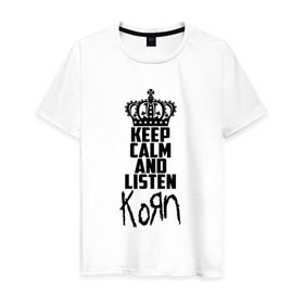 Мужская футболка хлопок с принтом Keep calm and listen Korn в Белгороде, 100% хлопок | прямой крой, круглый вырез горловины, длина до линии бедер, слегка спущенное плечо. | korn | koяn | арвизу | дэвис | корн | коян | лузье | манки | уэлч | филди | филипп | хэд | шаффер