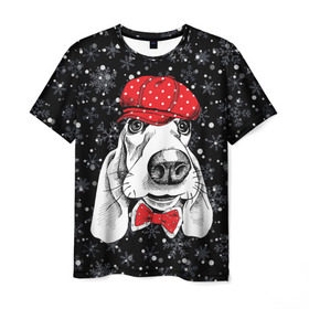 Мужская футболка 3D с принтом Бассет-хаунд в Белгороде, 100% полиэфир | прямой крой, круглый вырез горловины, длина до линии бедер | bow | breed | cap | christmas | dog | holiday | new year | red | wint | бант | бассет хаунд | белый | взгляд | горошек | зима | красный | новый год | порода | праздник | рождество | снег | снежинки | собака | фуражка