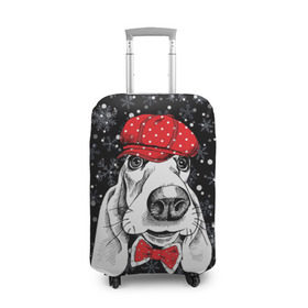 Чехол для чемодана 3D с принтом Бассет-хаунд в Белгороде, 86% полиэфир, 14% спандекс | двустороннее нанесение принта, прорези для ручек и колес | bow | breed | cap | christmas | dog | holiday | new year | red | wint | бант | бассет хаунд | белый | взгляд | горошек | зима | красный | новый год | порода | праздник | рождество | снег | снежинки | собака | фуражка