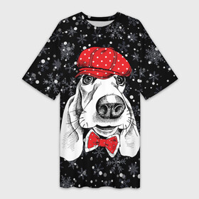 Платье-футболка 3D с принтом Бассет хаунд в Белгороде,  |  | bow | breed | cap | christmas | dog | holiday | new year | red | wint | бант | бассет хаунд | белый | взгляд | горошек | зима | красный | новый год | порода | праздник | рождество | снег | снежинки | собака | фуражка