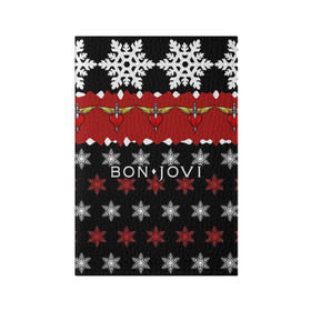 Обложка для паспорта матовая кожа с принтом Праздничный Bon Jovi в Белгороде, натуральная матовая кожа | размер 19,3 х 13,7 см; прозрачные пластиковые крепления | Тематика изображения на принте: bon | jovi | бон | группа | джови | новогодний | новый год | праздник | рождество | рок | снежинки