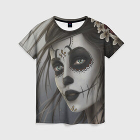 Женская футболка 3D с принтом Skull в Белгороде, 100% полиэфир ( синтетическое хлопкоподобное полотно) | прямой крой, круглый вырез горловины, длина до линии бедер | Тематика изображения на принте: halloween | skull | sugar skull | мексика | хэллоуин | череп