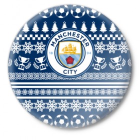 Значок с принтом Manchester city Новогодний в Белгороде,  металл | круглая форма, металлическая застежка в виде булавки | Тематика изображения на принте: 
