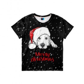 Детская футболка 3D с принтом Собака Санта в Белгороде, 100% гипоаллергенный полиэфир | прямой крой, круглый вырез горловины, длина до линии бедер, чуть спущенное плечо, ткань немного тянется | Тематика изображения на принте: дед мороз | зима | новогодний | рождество | снег | шапка