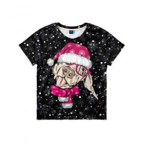 Детская футболка 3D с принтом Собака Санта в Белгороде, 100% гипоаллергенный полиэфир | прямой крой, круглый вырез горловины, длина до линии бедер, чуть спущенное плечо, ткань немного тянется | Тематика изображения на принте: 
