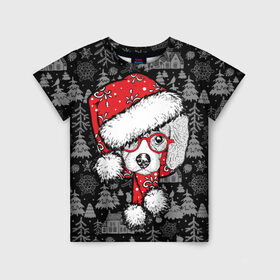 Детская футболка 3D с принтом Собака, Санта в Белгороде, 100% гипоаллергенный полиэфир | прямой крой, круглый вырез горловины, длина до линии бедер, чуть спущенное плечо, ткань немного тянется | дед мороз | новогодний | рождество | шапка | шарф