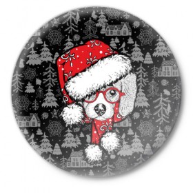 Значок с принтом Собака, Санта в Белгороде,  металл | круглая форма, металлическая застежка в виде булавки | Тематика изображения на принте: дед мороз | новогодний | рождество | шапка | шарф