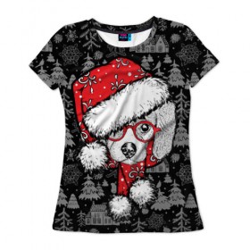 Женская футболка 3D с принтом Собака, Санта в Белгороде, 100% полиэфир ( синтетическое хлопкоподобное полотно) | прямой крой, круглый вырез горловины, длина до линии бедер | дед мороз | новогодний | рождество | шапка | шарф