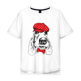 Мужская футболка хлопок Oversize с принтом Бассет-хаунд в Белгороде, 100% хлопок | свободный крой, круглый ворот, “спинка” длиннее передней части | bow | breed | cap | christmas | dog | holiday | new year | red | wint | бант | бассет хаунд | в горошек | новый год | порода | рождество | фуражка