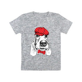 Детская футболка хлопок с принтом Бассет-хаунд в Белгороде, 100% хлопок | круглый вырез горловины, полуприлегающий силуэт, длина до линии бедер | bow | breed | cap | christmas | dog | holiday | new year | red | wint | бант | бассет хаунд | в горошек | новый год | порода | рождество | фуражка
