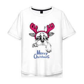 Мужская футболка хлопок Oversize с принтом Бульдог Олень в Белгороде, 100% хлопок | свободный крой, круглый ворот, “спинка” длиннее передней части | breed | bulldog | christmas | deer | dog | holiday | horns | ne | santa claus | scarf | snow | snowflakes | winter | бульдог | дед мороз | зима | новый год | олень | очки | порода | праздник | рога | рождество | санта клаус | снег | снежинки | с
