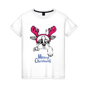 Женская футболка хлопок с принтом Бульдог Олень в Белгороде, 100% хлопок | прямой крой, круглый вырез горловины, длина до линии бедер, слегка спущенное плечо | breed | bulldog | christmas | deer | dog | holiday | horns | ne | santa claus | scarf | snow | snowflakes | winter | бульдог | дед мороз | зима | новый год | олень | очки | порода | праздник | рога | рождество | санта клаус | снег | снежинки | с