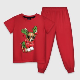 Детская пижама хлопок с принтом Год собаки в Белгороде, 100% хлопок |  брюки и футболка прямого кроя, без карманов, на брюках мягкая резинка на поясе и по низу штанин
 | Тематика изображения на принте: christmas | deer | dog | holiday | horns | new year | scarf | snow | snowflakes | sweater | winter | зима | новый год | олень | праздник | рога | рождество | свитер | снег | снежинки | собака | шарф
