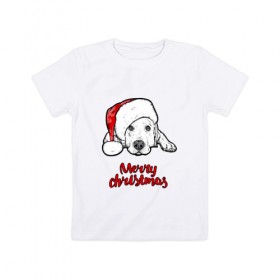 Детская футболка хлопок с принтом Собака Санта в Белгороде, 100% хлопок | круглый вырез горловины, полуприлегающий силуэт, длина до линии бедер | christmas | dog | holiday | new year | santa claus | santa hat | snow | snowflakes | winter | дед мороз | зима | новый год | праздник | рождество | санта клаус | снег | снежинки | собака | шапка