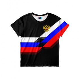 Детская футболка 3D с принтом RUSSIA - Black Collection в Белгороде, 100% гипоаллергенный полиэфир | прямой крой, круглый вырез горловины, длина до линии бедер, чуть спущенное плечо, ткань немного тянется | russia | герб | россия | триколор | флаг