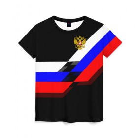 Женская футболка 3D с принтом RUSSIA - Black Collection в Белгороде, 100% полиэфир ( синтетическое хлопкоподобное полотно) | прямой крой, круглый вырез горловины, длина до линии бедер | russia | герб | россия | триколор | флаг