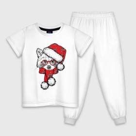 Детская пижама хлопок с принтом Енот Санта в Белгороде, 100% хлопок |  брюки и футболка прямого кроя, без карманов, на брюках мягкая резинка на поясе и по низу штанин
 | Тематика изображения на принте: christmas | father christmas | hat | holiday | new year | raccoon | santa claus | scarf | snow | snowflakes | winter | дед мороз | енот | зима | новый год | очки | праздник | рождество | санта клаус | снег | снежинки | шапка | шарф