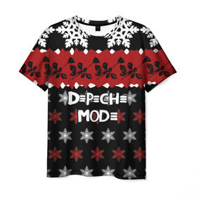 Мужская футболка 3D с принтом Праздничный Depeche Mode в Белгороде, 100% полиэфир | прямой крой, круглый вырез горловины, длина до линии бедер | depeche mode | вестник моды | депеш мод | дэйв гаан | мартин гор | новогодний | новый год | рождество | роза | снежинки | энди флетчер