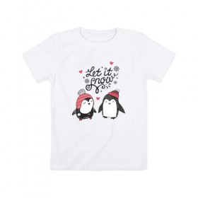 Детская футболка хлопок с принтом Пингвинчики в Белгороде, 100% хлопок | круглый вырез горловины, полуприлегающий силуэт, длина до линии бедер | зима | новый год | пингвин | подарок | рождество