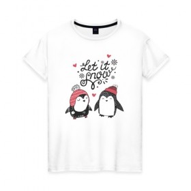 Женская футболка хлопок с принтом Пингвинчики в Белгороде, 100% хлопок | прямой крой, круглый вырез горловины, длина до линии бедер, слегка спущенное плечо | зима | новый год | пингвин | подарок | рождество