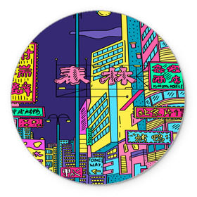 Коврик круглый с принтом Токио в Белгороде, резина и полиэстер | круглая форма, изображение наносится на всю лицевую часть | азия | буквы | вывески | иероглифы | кислота | мегаполис | неон | неонуар | флуо | япония | яркий