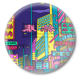 Значок с принтом Токио в Белгороде,  металл | круглая форма, металлическая застежка в виде булавки | Тематика изображения на принте: азия | буквы | вывески | иероглифы | кислота | мегаполис | неон | неонуар | флуо | япония | яркий